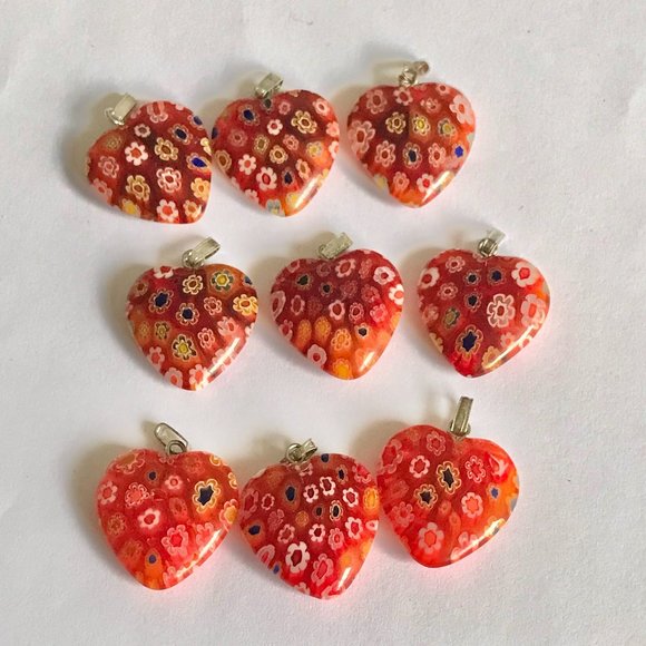 Orange Murano Glass Heart Necklace Millefiori Flowers Vintage Black Cord 18" - Picture 6 of 12